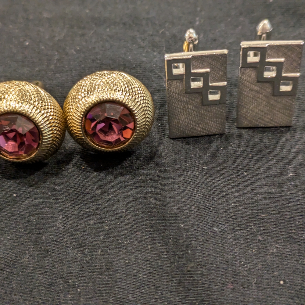 Gold and Silver Set Of 2 Pairs with Purple Gemstone  And GeometMen's Cufflinks